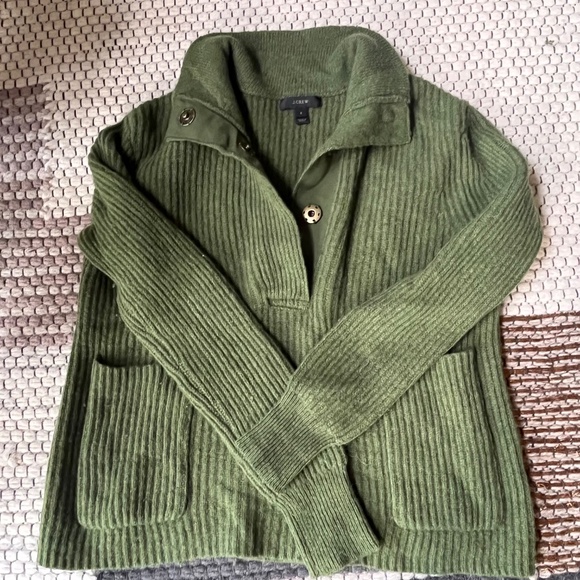 J.Crew Lambswool Quarter Snap-Collar Ribbed Sweater – Army Green – Size Small - Picture 5 of 6